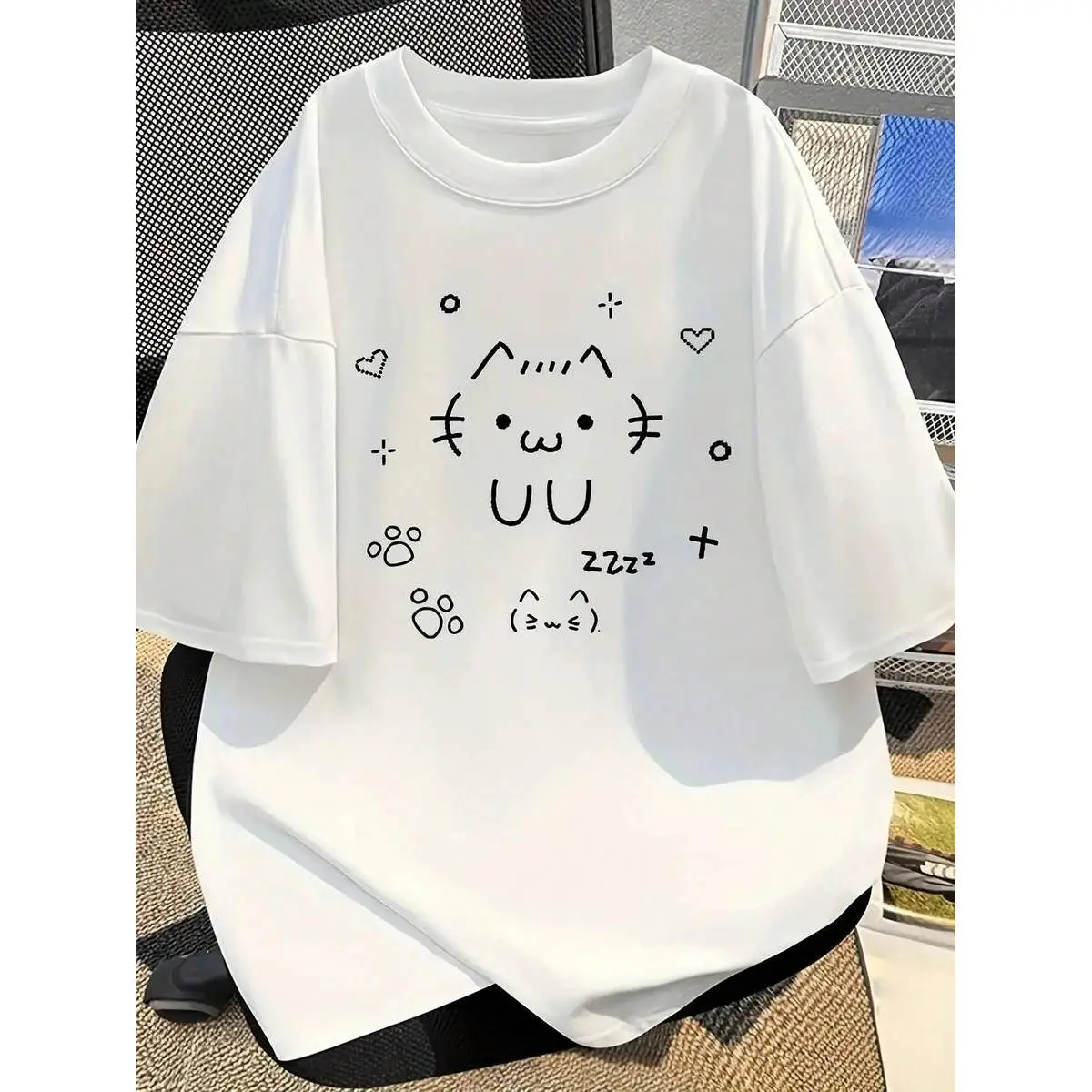 Men's  Casual Oversized T-Shirt - Cute Cat Text Print, Black Line Art, Round Neck, Breathable Short-Sleeve Kawaii Manga Loose Fit Top