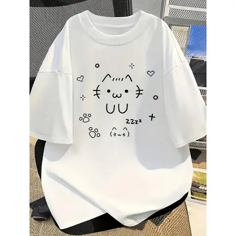 Men's Retro Casual Oversized Short-Sleeve T-Shirt - Round Neck, Breathable, Cute Cat Text Print, Black Line Art, Kawaii Manga Loose Fit Top