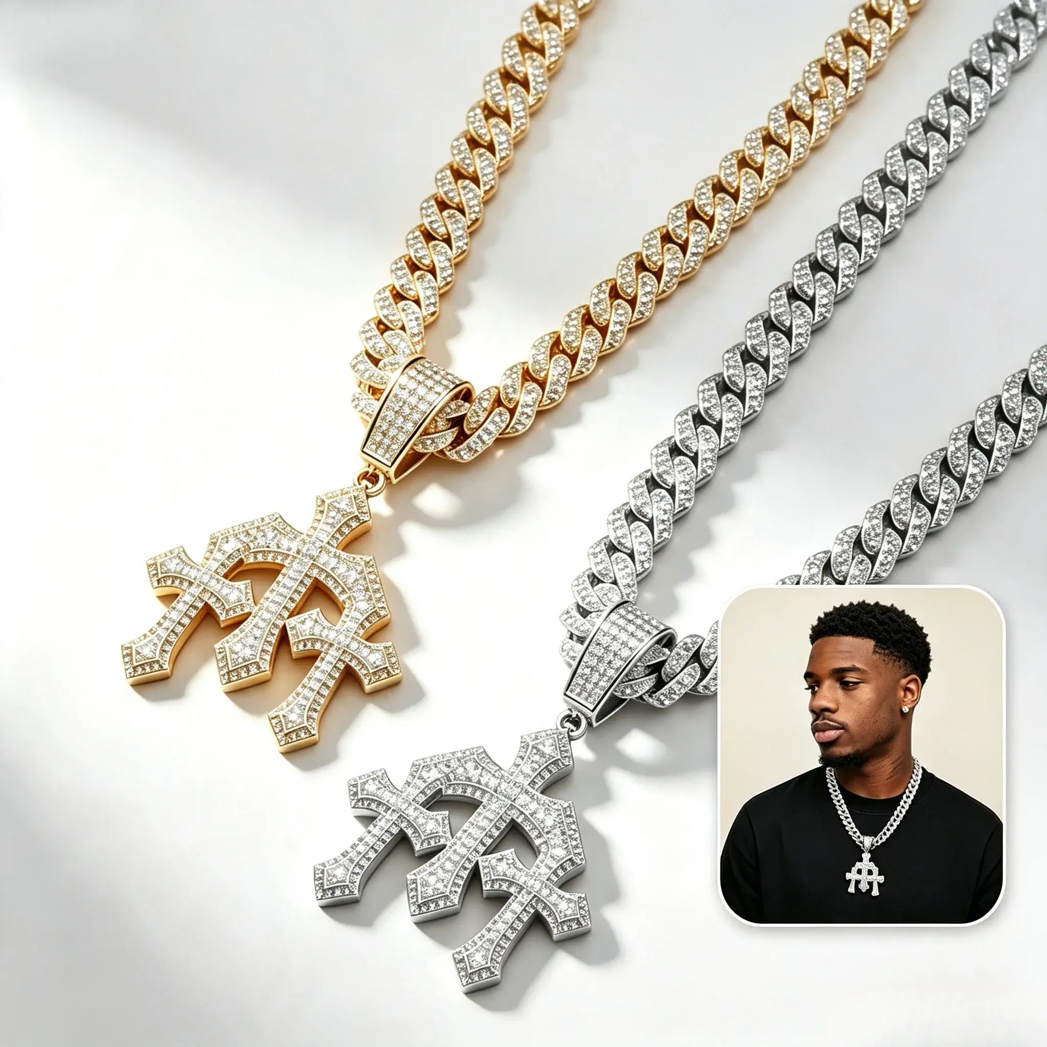 Gothic Cross Motif Necklace for Men, Iced Out 2-Tone Zinc Alloy Pendant with Full Rhinestones, Hip Hop Streetwear Jewelry, Electroplated, Streetwear Outfits