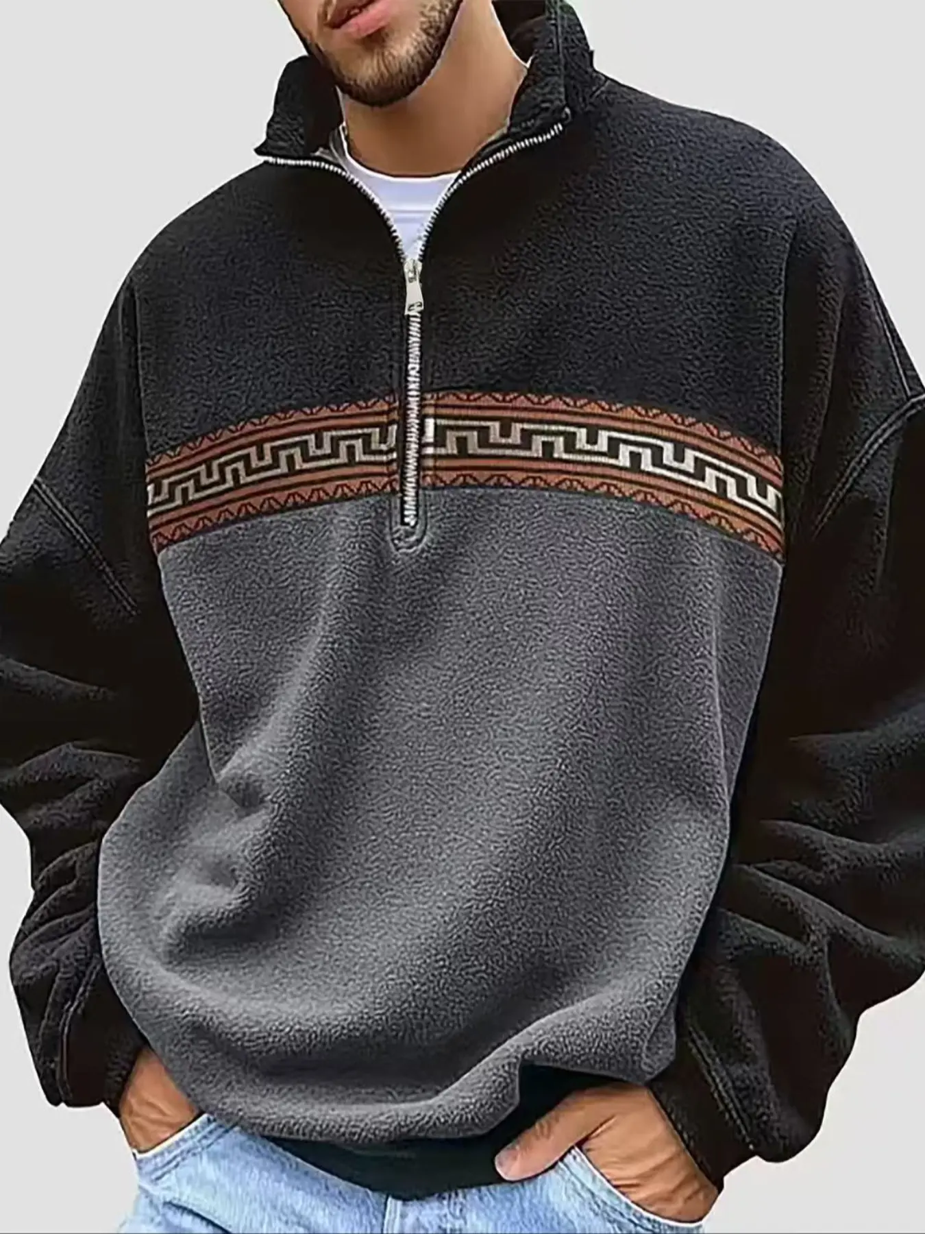 Ethnic style fall outfits men's half-zipper stand-up collar long-sleeved hoodie, Fitted Sweatshirt, Casual sporty sweatshirt, color-blocking polar fleece top, casual and warm pullover, easily switch between daily casual, home and outdoor scenes