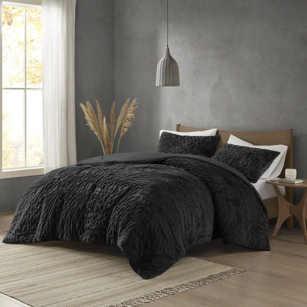 Madison Park Blair Ruched Shaggy Fur Comforter Set - Comfy Decorative Unique Bedding Set, Modern Down Alternative All-Season Bed Cover with Matching Shams, 3-Piece (Full/Queen, King/Cal King), Comfy Bedding Set, Decorative Bedding Set