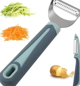 Julienne Peeler Vegetable Peeler -Y Carrot Shredder Julienne Slicer with 4.8'' Long Silicone Handle -Potato Peeler Swivel Peeler for Kitchen, Set of 2 Blue
