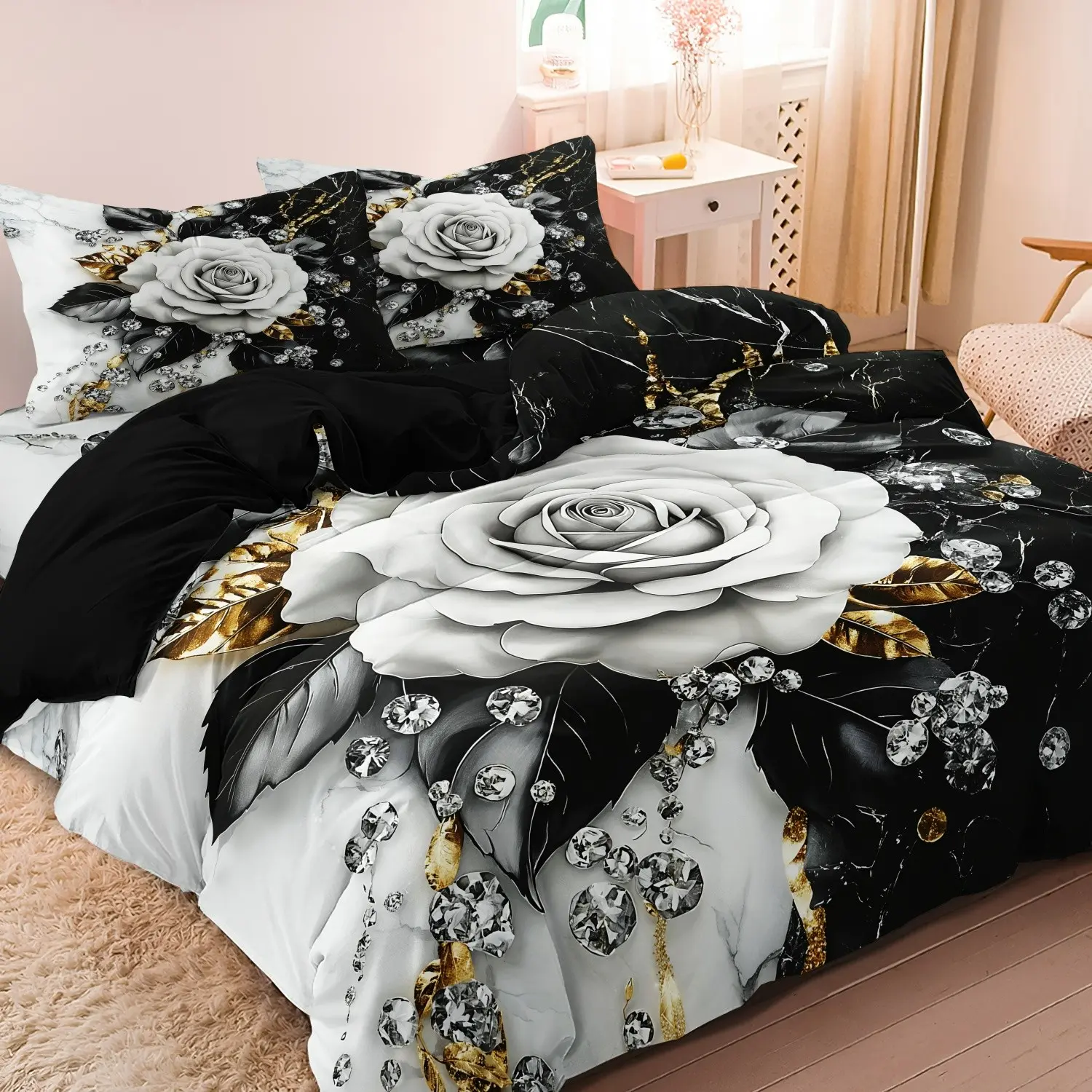 3pcs 3D Featuring Black and White Rose and Crystal Diamond Art Patterns Decorative Duvet Cover Set, Golden leaf chain set duvet cover，Includes 1 Duvet Cover + 2 Pillowcases，Soft and Comfortable Breathable Theme Bedding Set Bed Covers
