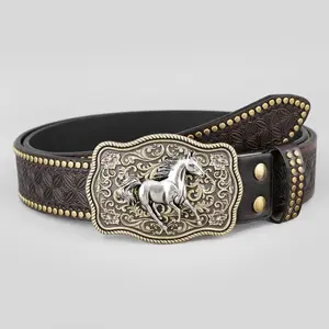 Fathers Day Gift Cowboy Cowgirl Leather Buckle Belt for Men Women Western Leather Belt for Jeans Business Belt