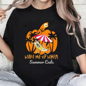 Summerween Beach Pumpkin Skeleton Funny Halloween Holiday T-Shirt for Men Women Kids