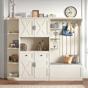 [Bellemave]Multifunctional left-right combination hall cabinet (can be used separately) with storage and 4 hooks, storage cabinet/ hall tree 2 in 1 for living room, kitchen and hallway,antique Beige