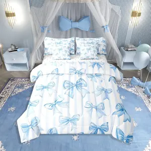 Cute Blue Bow Comforter Set,7 Piece for Boys Girls Teen,Kawaii Dreamy Bowknot Bedding Set Breathable Soft Sheets