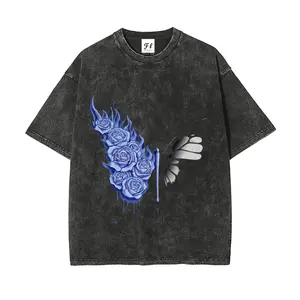 Blue Rose Butterfly Vintage Washed T-Shirt for Men Women, Gothic Acid Wash Graphic Tee, Soft Cotton Oversized Short Sleeve Top, Flame Rose & Dripping Butterfly Print for Edgy Streetwear, Y2K Style & Casual Wear – Ideal Gift for Alternative Fashion Lovers