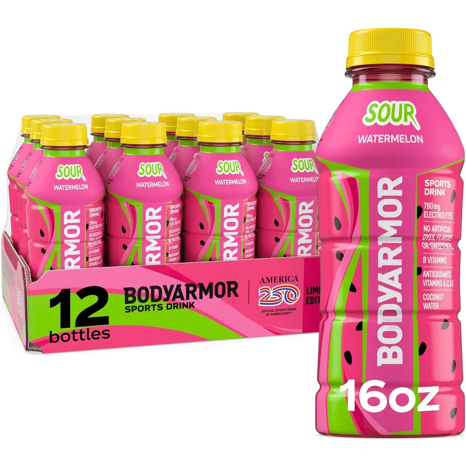 BODYARMOR Sports Drink, Sour Watermelon Electrolyte Drink, 16 Oz (12 Pk) | Coconut Water Hydration Drink, Flavored Water Sport Beverage, 790mg Electrolytes, Natural Flavors & Sweeteners + Antioxidants