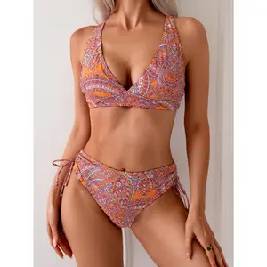 Fashionable High-Waisted Bikini Sets Featuring Paisley Patterns, Perfect for Beach Vacations, Surfing, And Water Parks