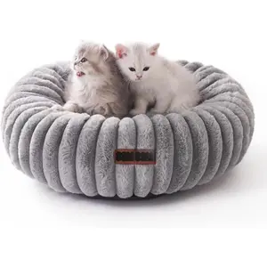 Official Soothing Donut Pet Bed Cozy Nest for Cats & Pups Modern Design Fluffy Faux Fur Non-Slip Bottom Cream Fur Comfortable Round Bed for Small Breeds