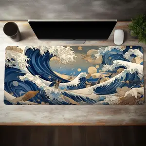 Waves Pattern Mouse Pad, Rectangle Gaming Mouse Pad, Office Desk Keyboard Mat with Non-Slip Rubber Base Stitched Edge For Home Office Game
