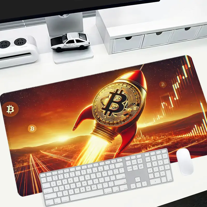 Bitcoin rocket large-sized gaming mouse pad, cryptocurrency themed desktop protection pad, anti-slip rubber lock edge high-definition printing, suitable for computers, laptops, offices, homes, schools, as a gift for family and friends.