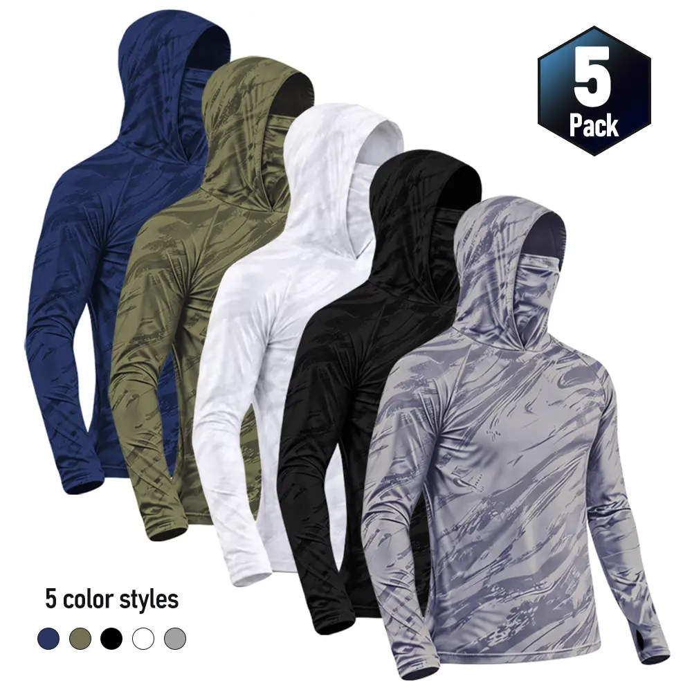 5-Piece Men's Quick-Dry Breathable Hoodies with Face Coverings Long-Sleeve T-Shirts - Spring/Fall Compression Sports Tops - Quick Dry Compression Fishing Shirts Long Sleeve Outdoor Work Tactical Hiking Gear Athletic Fashion