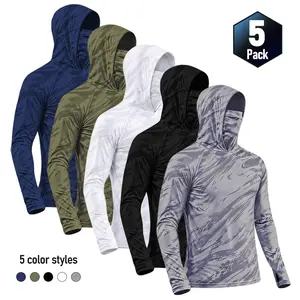 5-Piece Men's Quick-Dry Breathable Hoodies with Face Coverings Long-Sleeve T-Shirts - Spring/Fall Compression Sports Tops - Quick Dry Compression Fishing Shirts Long Sleeve Outdoor Work Tactical Hiking Gear Athletic Fashion