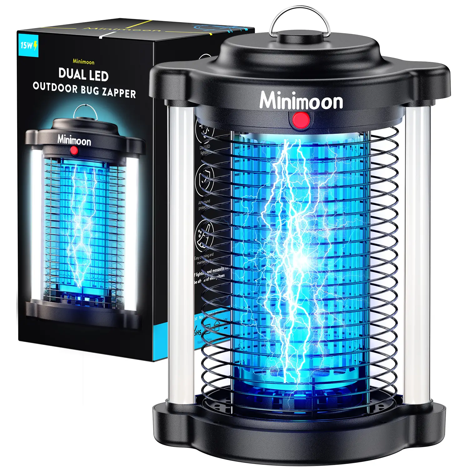 Portable Durable Minimoon Bug Zapper Outdoor - Upgraded Dual LED, 4200V, 15WElectric Fly & MosquitoTrap forYard/Patio, USB/Prong Plug, Plastic Housing