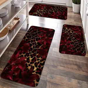 JIT 1/2/3 pcs of gold leopard print and red flower patterned jacquard carpet, Leopard print rug, with patchwork design, suitable for various decor, kitchen carpet set, water-washable flannel bedside soft carpet, suitable for kitchens, bedroom