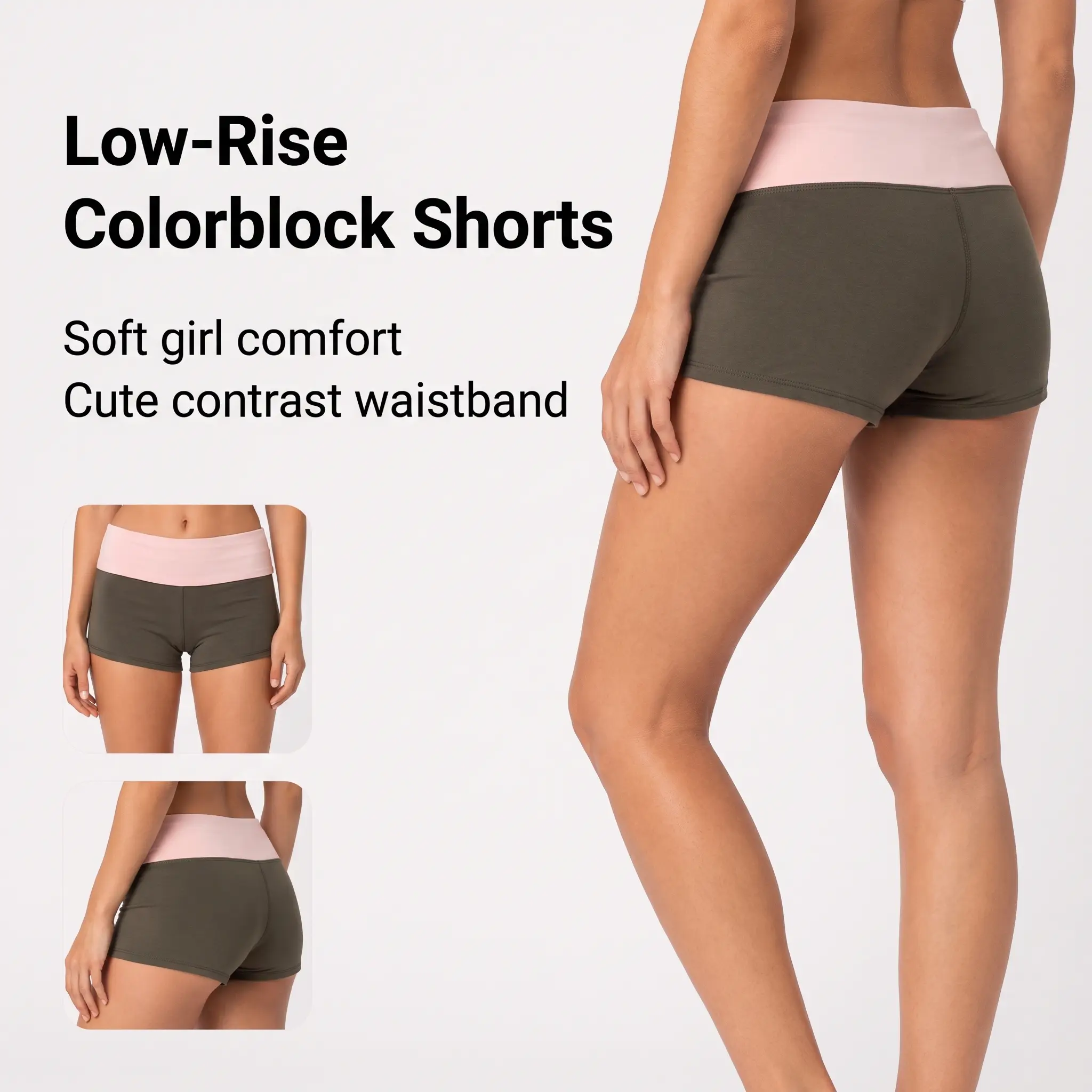Women's Soft Olive Green Pink Colorblock Low Rise Shorts – Cute Contrast Waistband Mini Lounge Shorts