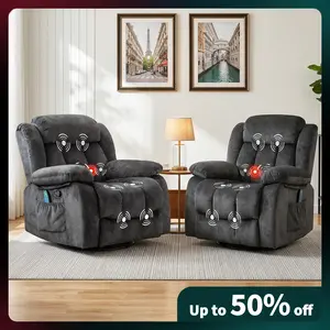 Ebello 35" Wide Massage Recliner Chair with Heat & Vibration, 360° Swivel & Manual Rocker, Grey Upholstered Chair for Living Room & Home Relaxation