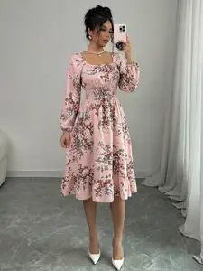 Spring & Fall Long Sleeve Square Neck Floral Print Waist Cinched Hem Casual Boho Bohemian Chic Vacation Midi Dress, Women's Fashion Clothing Womenswear Fit Lady