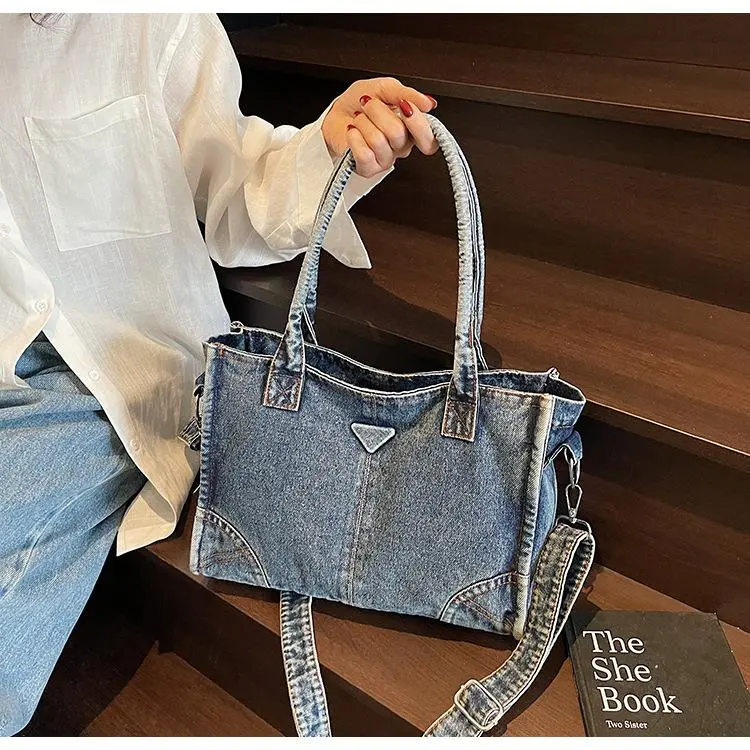 Women's Denim Tote Bag - Fashionable, Lightweight, Unique, Versatile, Large - Adjustable Strap for Business Casual Outfits, Commuter Work Use, 1-Shoulder Crossbody Carry