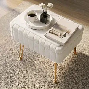 Faux Fur Storage Vanity Stool, 2-IN-1 REVERSIBLE TOP, DOUBLE USAGE，220LBS Load Capacity Flip Top Ottoman with Hidden Storage, Gold Metal Legs Adjustable Foot Pads, Multifunctional Makeup Bench Footrest Shoe Stool for Bedroom Living Room