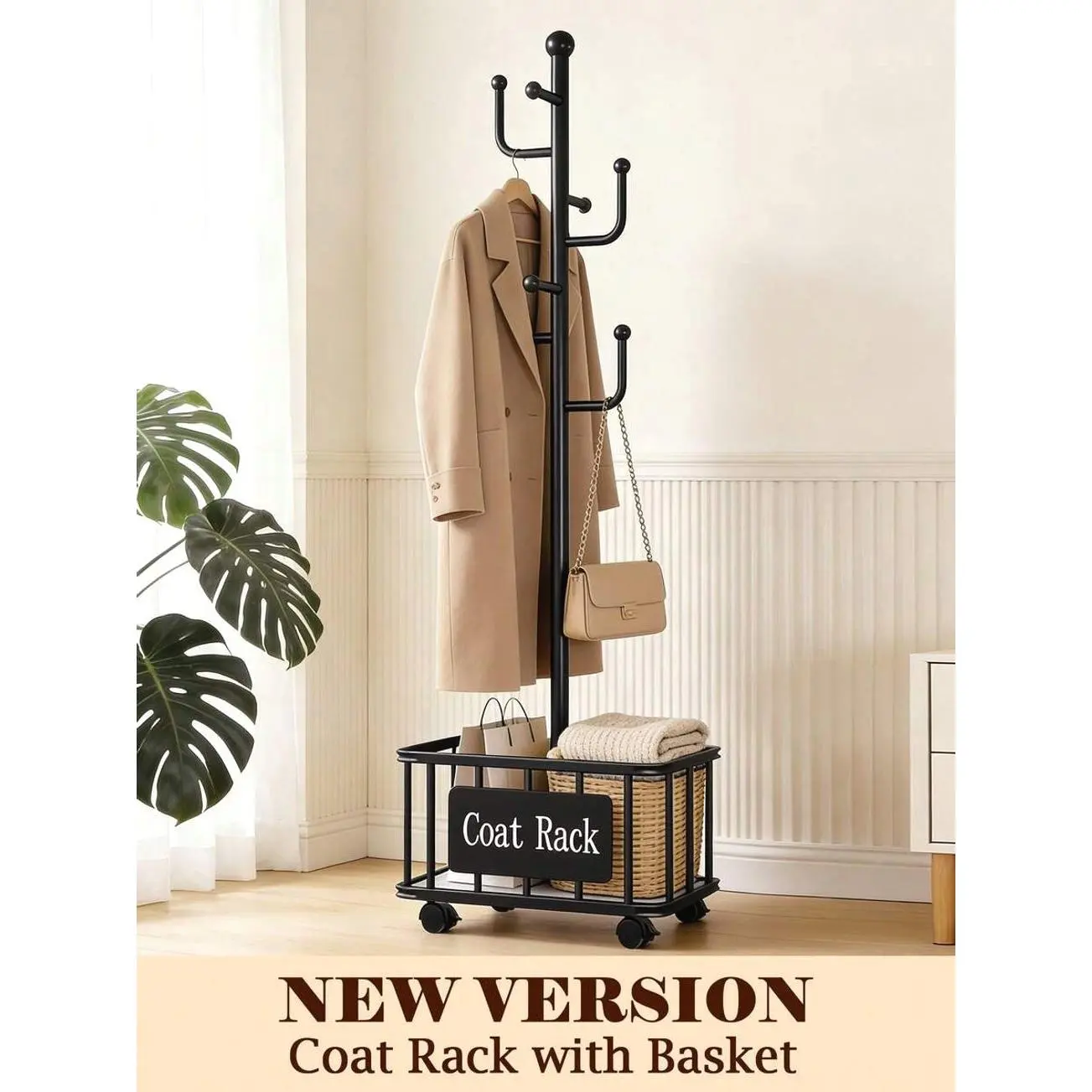 Black Freestanding Coat Rack With Storage Basket, Modern Metal Clothes Hanger Stand For Entryway, Bedroom, And Office Organization
