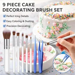 9Pcs Cake Decorating Brushes Set, Pastry Brush & Stainless Steel Tweezers with Straight & Curved Tips, Cookie Baking Tools for Fondant, Pasta, Candy – Macaron Color Kitchen Supplies