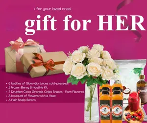 A Special Gift for HER - A gift box with flowers, cold-pressed juices, snacks, smoothie kits, hair growth oil