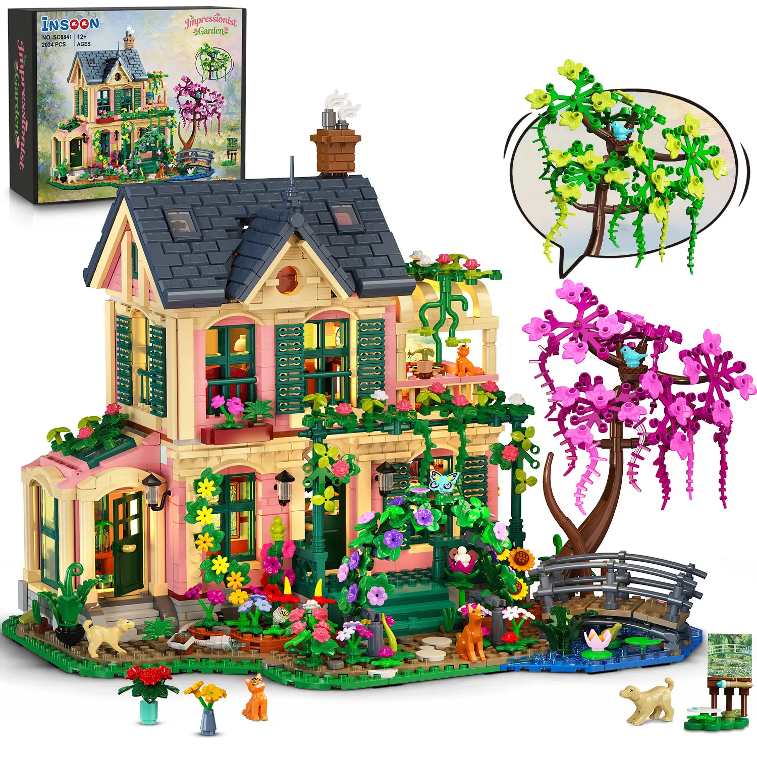 INSOON Artist Garden House Building Set with Lights for Adults | Two-Season European Villa Manor Building Kit with Botanical Flower Garden, Collectible Home Décor Gift for Women Men 2034 PCS
