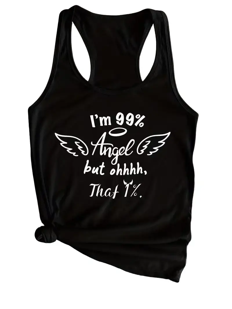 Racerback Tank Top for Ladies with "99% Angel" Funny Slogan Graphics, Loose Fit Casual in Soft Polyester Blend Fabric, Jeans, Lady, Sleeveless