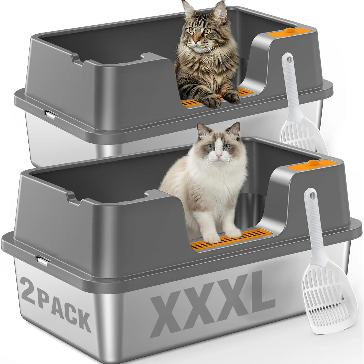 2-piece set of stainless steel cat litter boxes, with high-sided lids, extra-large XXXL cat litter box, suitable for large cats, metal cat litter box with leak-proof exterior, non-stick