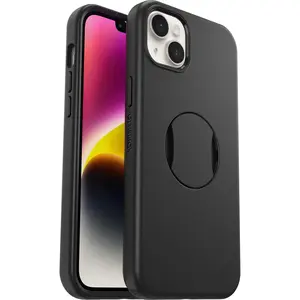 OtterBox iPhone 14 Plus (Only) OtterGrip Symmetry Series Case - BLACK, built-in grip, sleek case, snaps to MagSafe, raised edges protect camera & screen
