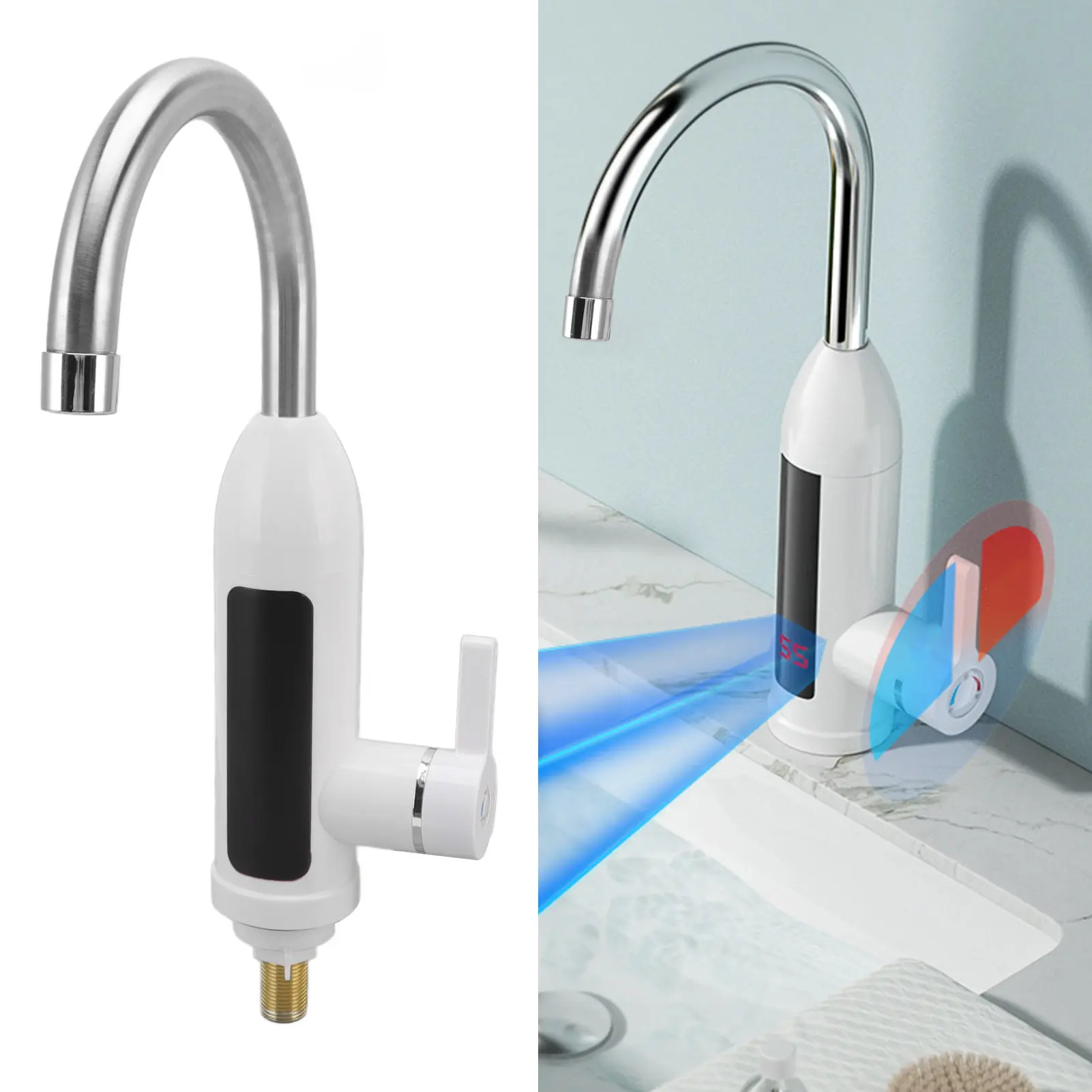 3000W High Efficiency Tankless Instant Water Heater Faucet, Modern Kitchen Faucet with Digital Display, IPX4 Anti-Fingerprint ABS Stainless Steel Kitchen Tap for Home, US Plug 110V