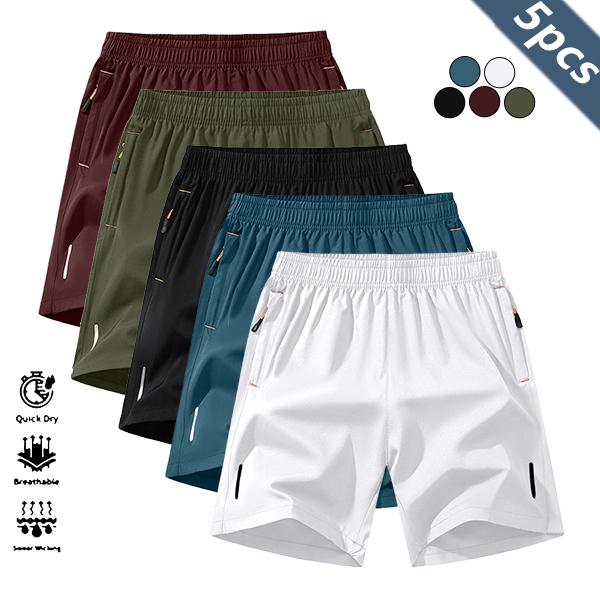 Men's Solid Color Zipper Pocket Shorts - Summer Casual Comfortable Breathable Three-Quarter Pants, Everyday Wear Men's Bottoms, Pack of 5