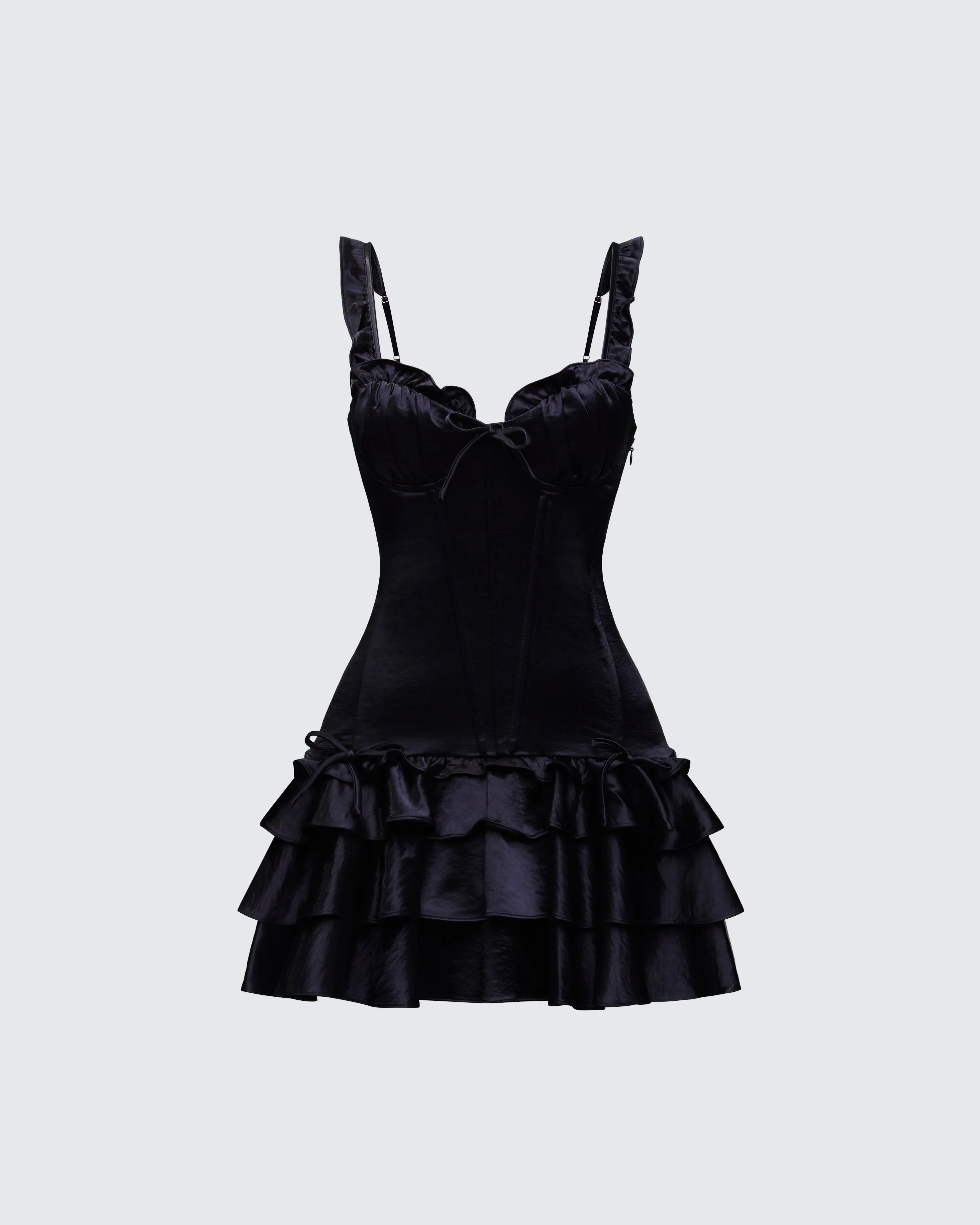 Women's Odelle Black Satin Ruffle Formal Dress - Fitted Polyester Corset, Straps, Zipper Back, Outfit of the Night