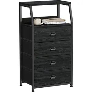 Tall 4 Drawers Dresser, Vertical Storage Tower Black Dresser for Bedroom, Hallway, Entryway, , Closet Organizer, Nightstand Bedside Table Furniture, Sturdy Steel Frame,  Top