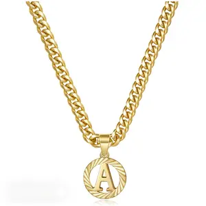 Gold Initial Necklace14K GoldPlated Round Letter Pendant Hollow CapitalMonogram 5mm Cuban Chain Necklace Alhpabetsfrom A-Z Dainty Jewelry for Women Men chains for men cuban link chain name necklace
