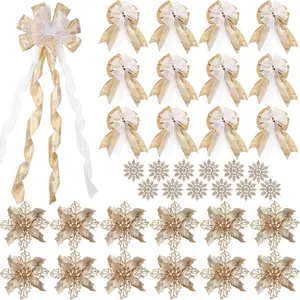 37-Piece Christmas Tree Decoration Set, Featuring a Large Bow Topper, 12 Bow Ornaments, 12 Shimmering Poinsettias, and Christmas Snowflakes, Perfect for Holiday Parties (Champagne Gold)