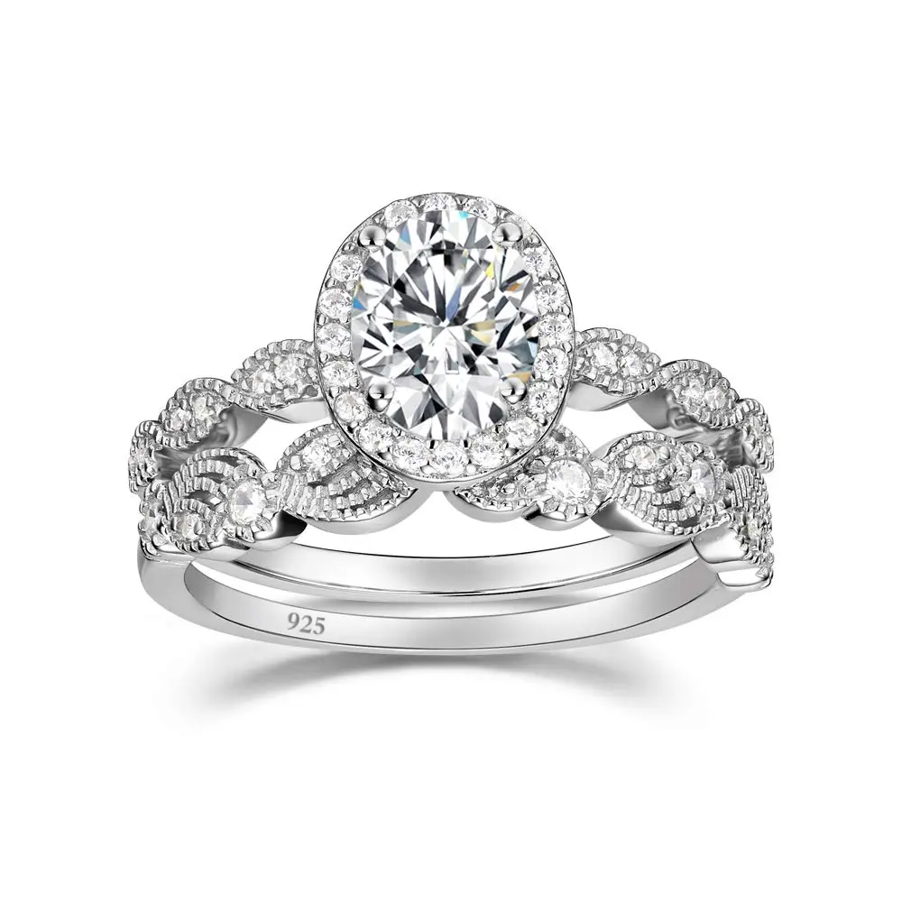 EAMTI Sterling Silver Oval CZ Bridal Set - 1.5CT Cubic Zirconia Engagement & Eternity Wedding Rings for Women