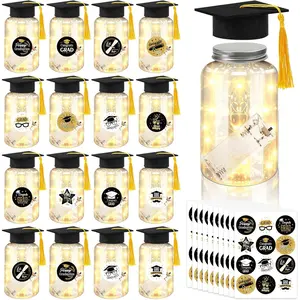 16 Sets 2026 Graduation Table Decoration with LED Lights, Mason Jar Graduation Centerpieces with Grad Cap, Stickers for College High Middle School Graduation Party Supplies Gifts (Black)