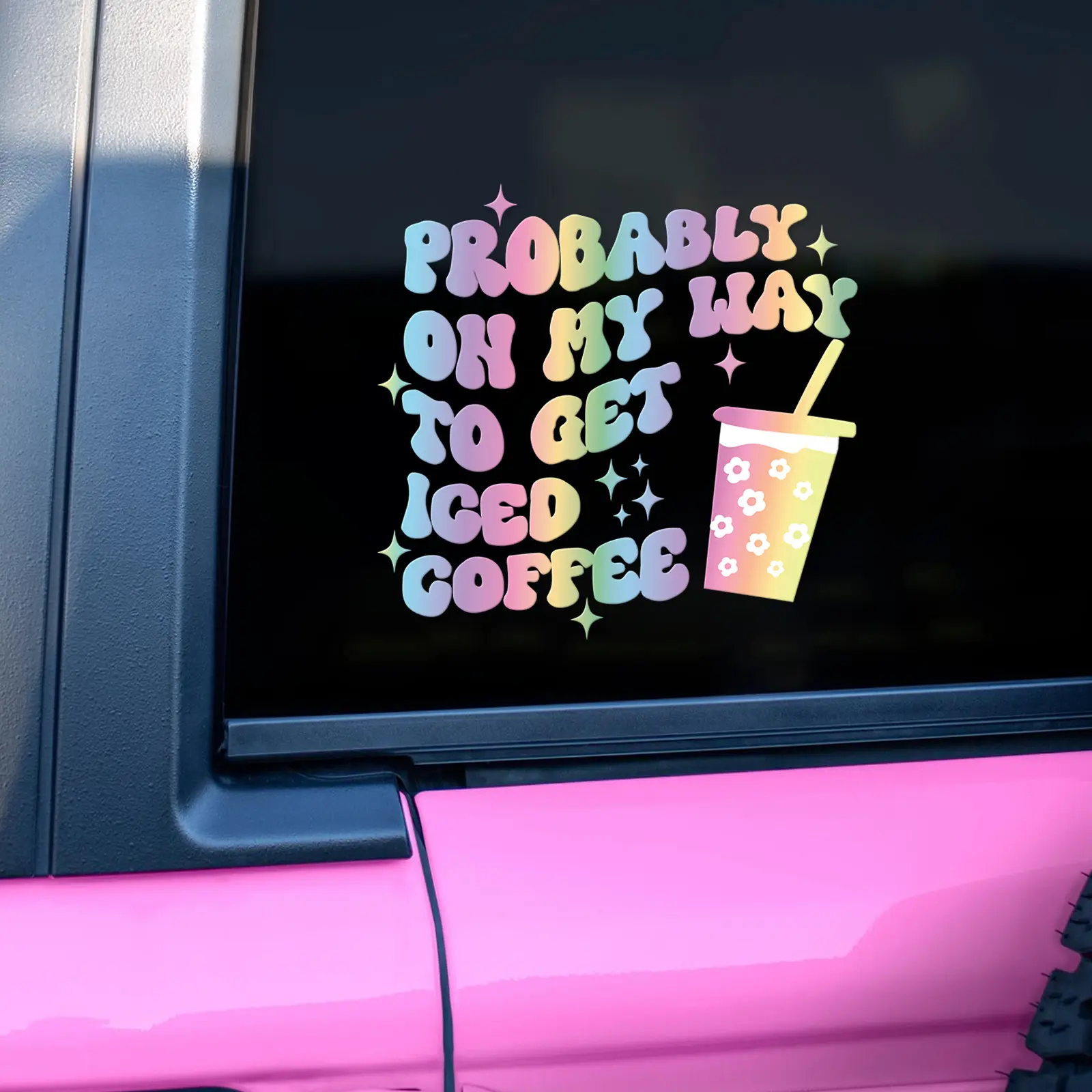 Probably On My Way to Get Iced Coffee Car Decals, Funny Stickers Pink Car Accessories, Girly Decal, Vinyl Bumper Sticker for Car, Wall, Window (Iced Coffee- 01)