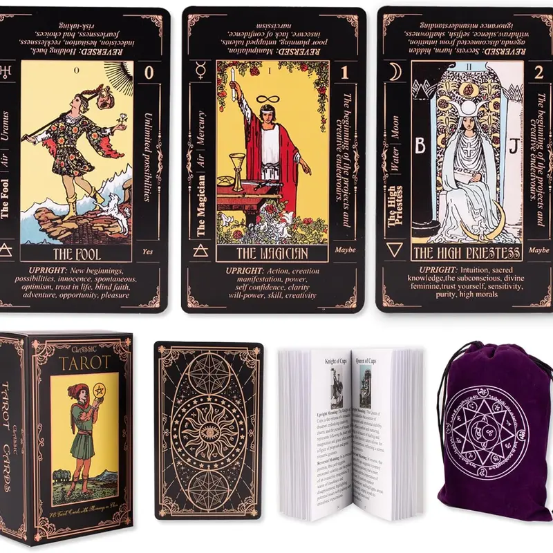 Tarot Cards for Beginners, Classic Tarot Cards with Meanings on Them, Durable Tarot Cards with Guide Book for Beginners (Black)
