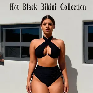 Premium UPF50+ Anti-Chlorine Black Bikini, High-Elastic Halter Cutout Top & Ruched High-Waist Bottom, Sculpting & Supportive Luxury Swimwear