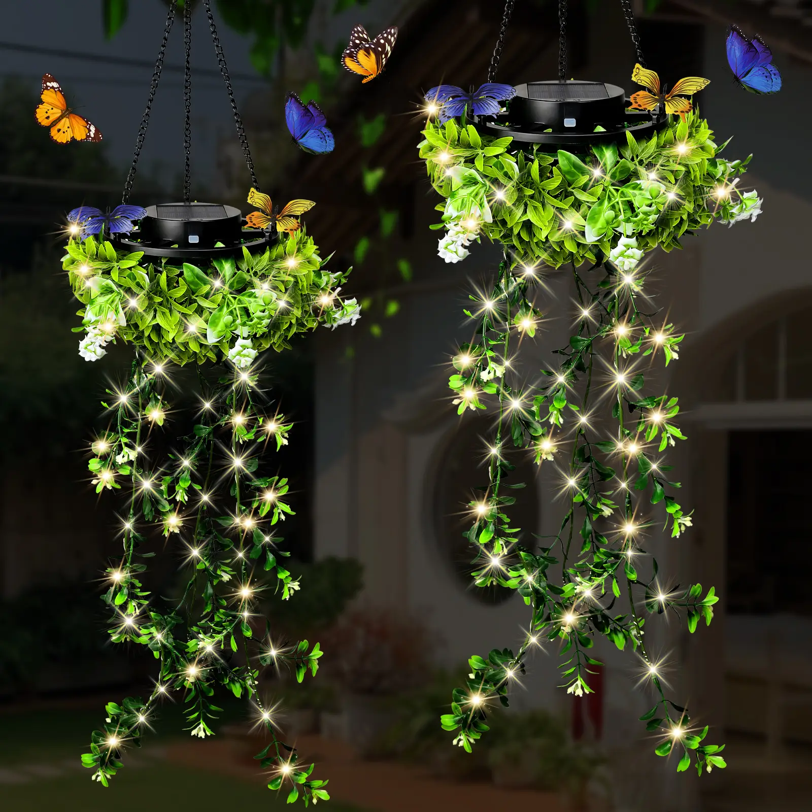 2025 NEW Release 2 Pack Hanging Fake Plants Fairy Lights,Solar Lights For Halloween Christmas Deco Festival,66 LED Waterproof Artificial Plants Garden