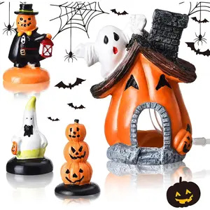 4 Pieces Halloween Decorations for Fish Tank Miniature Figurines Indoor Outdoor Resin Ghost Pumpkin Bubble House Statue Set Summer Halloween Ornament Garden Decor