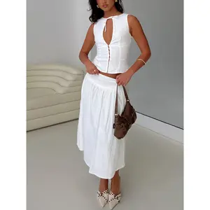 Heart Of Gold Linen Blend Midi Skirt White