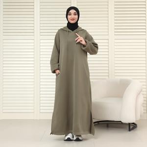 Winter Hoodie Abaya Dress with Pockets Fleece-Lined Wrinkle-Resistant Modest Wear for Women NCA012 100% Polyester Soft Brushed Lining Drawstring Hood Functional Side Pockets Loose Fit