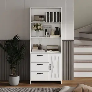 6-Tier Bookshelf with Door and 3 Drawers,  Wooden Book Shelf with Storage Cabinet for Home Office, Living Room, Bedroom, White Cabinet with Adjustable Shelf, Anti-Tip Device