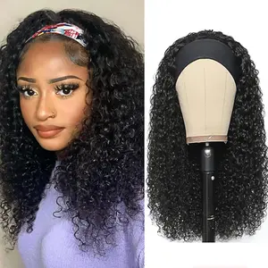 Headband Wig Human Hair Deep Wave 20 Inch Glueless None Lace Front Wig Curly Headband Half Wigs for Black Women Brazilian Virgin Machine Made Wigs Natural Black Color